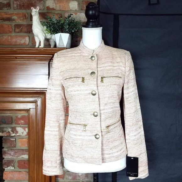 Zara Jackets & Blazers - Zara Blush Pink Metallic Tweed Button Front Long Sleeve Blazer Jacket